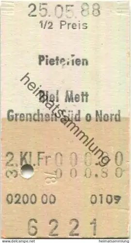 Schweiz - Pieterlen Biel Mett Grenchen Süd o Nord einfach - Fahrkarte 1/2 Preis 1988