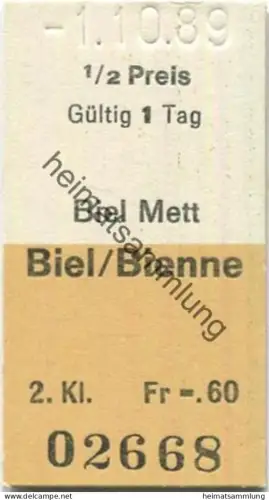 Schweiz - Biel Mett Biel/Bienne einfach - Fahrkarte 1/2 Preis 1989