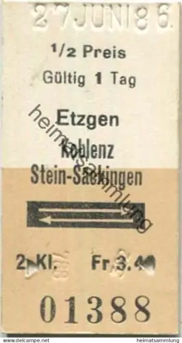 Schweiz - Etzgen Koblenz Stein-Säckingen retour - Fahrkarte 1/2 Preis 1986