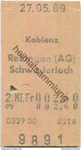 Schweiz - Koblenz Rekingen (AG) Schwaderloch einfach - Fahrkarte 1989