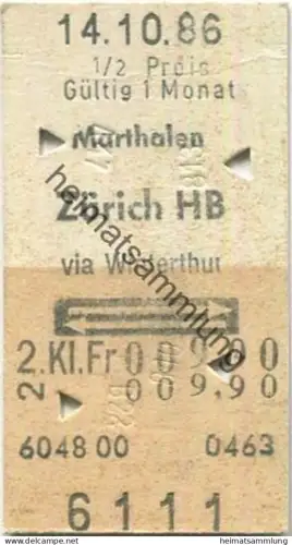 Schweiz - Marthalen Zürich HB via Winterthur retour - Fahrkarte 1/2 Preis 1986