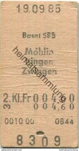 Schweiz - Basel SBB Möhlin Itingen Zwingen einfach - Fahrkarte 1985