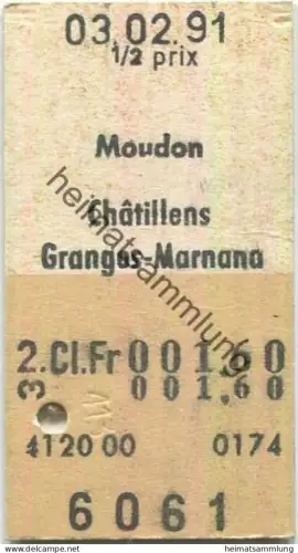 Schweiz - Moudon Chatillens Granges-Marnana einfach - Fahrkarte 1/2 prix 1991