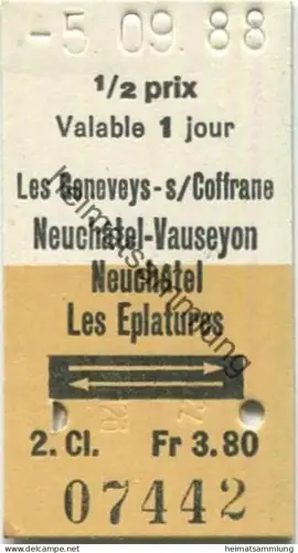 Schweiz - Les Geneveys-s/Coffrane Neuchatel-Vauseyon Neuchatel Les Eplatures retour - Fahrkarte 1/2 prix 1988