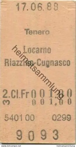 Schweiz - Tenero Locarno Riazzino-Cugnasco einfach - Fahrkarte 1988