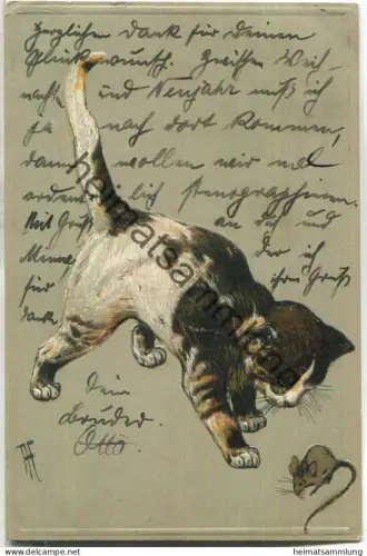 Katze - Maus - signiert AH Heyer - Prägedruck - Verlag E.S.D. Serie 841 - gel. 1903