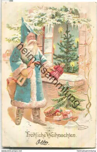 Weihnachtsmann mit blauem Mantel - Spielzeug - Prägedruck - gel. 1903