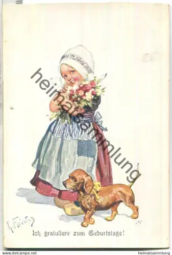 Mädchen mit Dackel - signiert K. Feiertag - Verlag B. K. W. I. 799-2