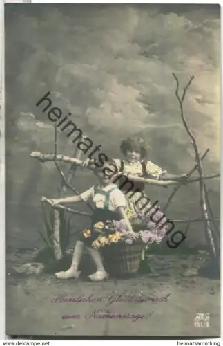 Namenstag - Kinder mit einem Korb Blumen - Verlag MKB 151/3 - coloriert - gel. 1915