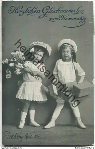 Namenstag - Kinder mit Blumen und Päckchen - gel. 1914
