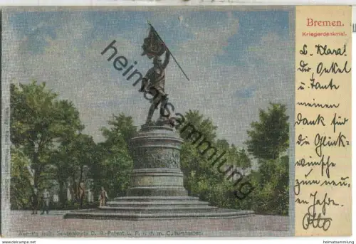 Bremen - Kriegerdenkmal - Wehrt's imitierte Seidenkarte - Verlag Albert Rosenthal Bremen - gel. 1903