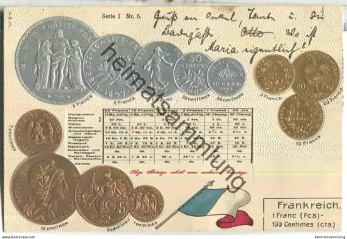 Münzkarte - Nationalflagge - Frankreich - Prägedruck - Verlag H. S. M. - gel. 1904
