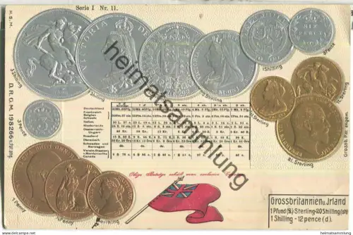 Münzkarte - Nationalflagge - Grossbritannien - Irland - Prägedruck - Verlag H. S. M. - gel. 1904