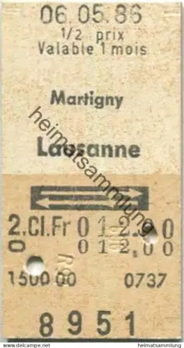 Schweiz - Martigny Lausanne retour - Fahrkarte 1/2 prix 1986