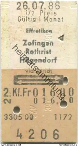 Schweiz - Effretikon Zofingen Rothrist Hägendorf via Zürich retour - Fahrkarte 1/2 Preis 1986