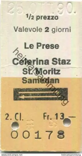 Schweiz - Le Prese Celerina Staz St. Moritz Samedan retour - Fahrkarte 1/2 prezzo 1990