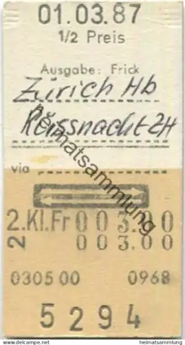 Schweiz - Zürich Küsnacht ZH Ausgabe Frick retour - Fahrkarte 1/2 Preis 1987