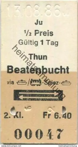 Schweiz - Thun Beatenbucht via Schiff Bahn Spiez Schiff retour - Fahrkarte 1/2 Preis 1986