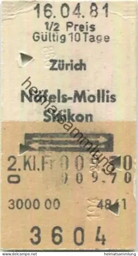 Schweiz - Zürich Näfels-Mollis Sisikon retour - Fahrkarte 1/2 Preis 1981