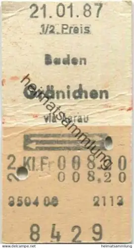 Schweiz - Baden Gränichen via Aarau retour - Fahrkarte 1/2 Preis 1987
