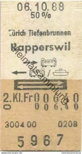 Schweiz - Zürich Tiefenbrunnen Rapperswil retour - Fahrkarte 50% 1988 - hin mit Bahn zurück mit Bahn und Schiff