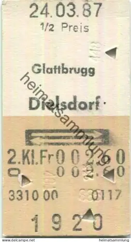 Schweiz - Glattbrugg Dielsdorf retour - Fahrkarte 1/2 Preis 1987
