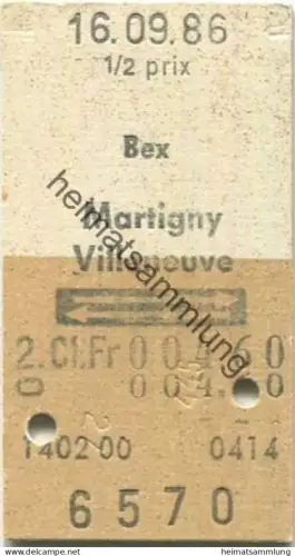 Schweiz - Bex Martigny Villeneuve retour - Fahrkarte 1/2 prix 1986