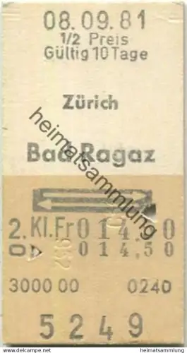 Schweiz - Zürich Bad Ragaz retour - Fahrkarte 1/2 Preis 1981