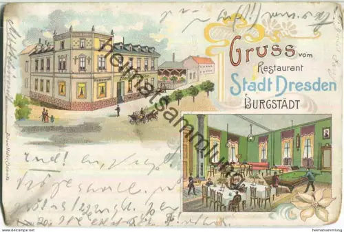 Burgstädt - Gruss vom Restaurant Stadt Dresden - Verlag Richard Müller Chemnitz - gel. 1902