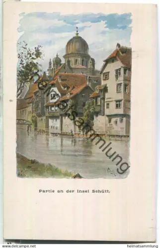 Nürnberg - Partie an der Insel Schütt - Künstlerkarte - Aquarell signiert O. Wiegk ca. 1900
