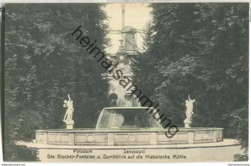 Potsdam - Sanssouci - Die Glocken-Fontaine und Durchblick auf die Historische Mühle