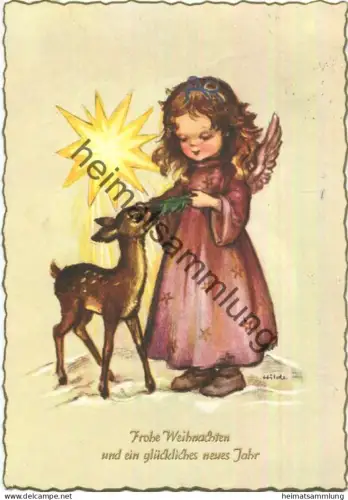 Weihnachten - Engel - Reh - signiert Hilde - AK Grossformat gel. 1959