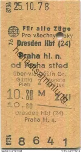 Dresden Hbf (DDR) - Praha hl. n. (Tschechien) - Fahrkarte 2. Kl. 1978