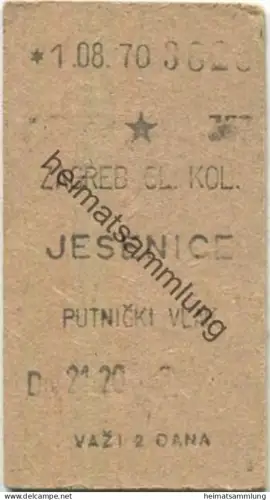 Jugoslawien - Zagreb (Kroatien) - Jesenice (Slowenien) - Fahrkarte 1970