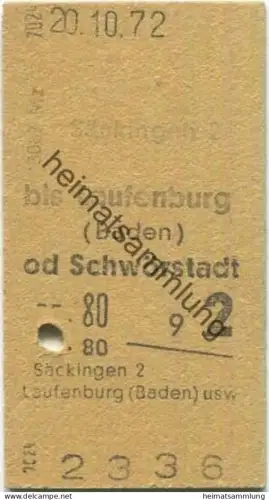 Deutschland - Säckingen bis Laufenburg (Baden) oder Schwörstadt - Fahrkarte 1972