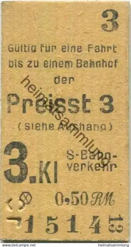 Deutschland - Berlin S-Bahnverkehr - Gültig zu einer Fahrt bis zu einem Bahnhof der Preisstufe 3 - 3. Klasse -.50RM - Fa