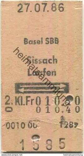 Schweiz - Basel Sissach Laufen retour - Fahrkarte 1986