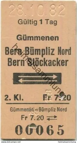 Schweiz - Gümmenen Bern Bümpliz Nord Bern Stockacker retour - Fahrkarte 1982