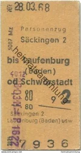 Deutschland - Säckingen bis Laufenburg (Baden) oder Schwörstadt - Fahrkarte 1968