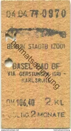 Deutschland - Berlin (Stadtbahn) (Zoo) Basel Bad BF via Gerstungen (GR) Karlsruhe - Fahrkarte 1977