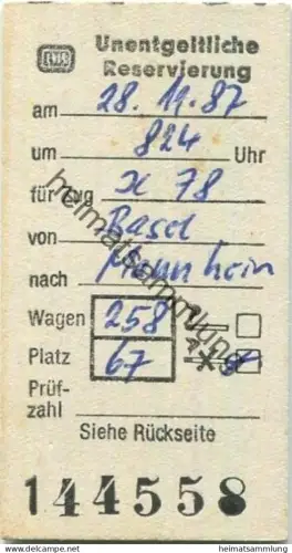 Deutschland - Platzkarte 1987 Basel Mannheim - Zug IC 78 - Unentgeltliche Reservierung