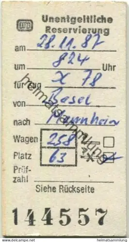 Deutschland - Platzkarte 1987 Basel Mannheim - Zug IC 78 - Unentgeltliche Reservierung