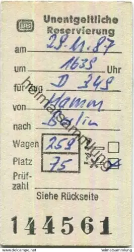 Deutschland - Platzkarte 1987 Hamm Berlin - Zug D349 - Unentgeltliche Reservierung