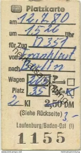 Deutschland - Platzkarte 1980 Frankfurt Berlin - Zug D351 Nichtraucher