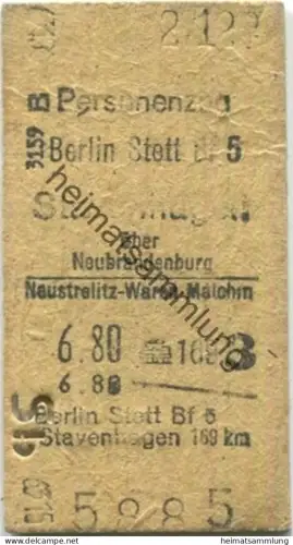 Deutschland - Personenzug - Berlin Stettiner Bahnhof Stavenhagen über Neubrandenburg Neustrelitz-Waren-Malchin - Fahrkar