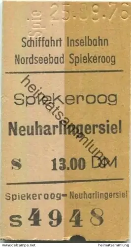 Deutschland - Schiffahrt Inselbahn - Nordseebad Spiekeroog - Spiekeroog Neuharlingersiel - Fahrkarte 1976