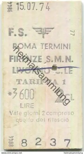 Italien - Roma Termini Firenze S.M.N. Livorno C.LE - Biglietto Fahrkarte 2. Klasse Lire 3600