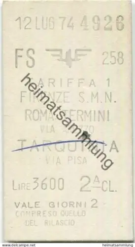 Italien - Firenze S.M.N. Roma Termini via Arezzo Tarquinia via Pisa - Biglietto Fahrkarte 2. Klasse Lire 3600