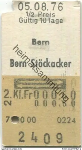 Schweiz - Bern Stöckacker retour - Fahrkarte 1/2 Preis 1976