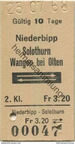 Schweiz - Niederbipp Solothurn Wangen bei Olten retour - Fahrkarte 1968
